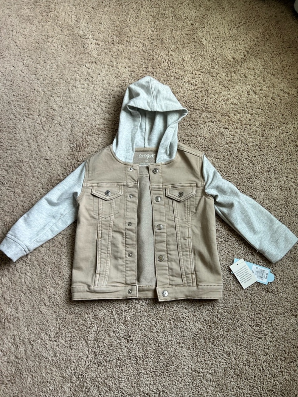 Cat & Jack Tan Jean Jacket with Gray Hoodie Sleeves